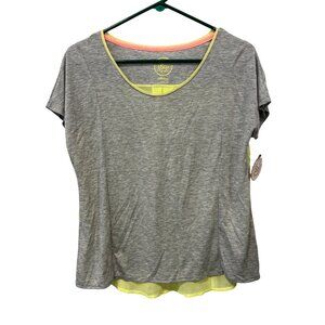 SO Knit Woven Sheer Short Sleeve Top Womens M Colorblock Gray Yellow Chiffon NEW